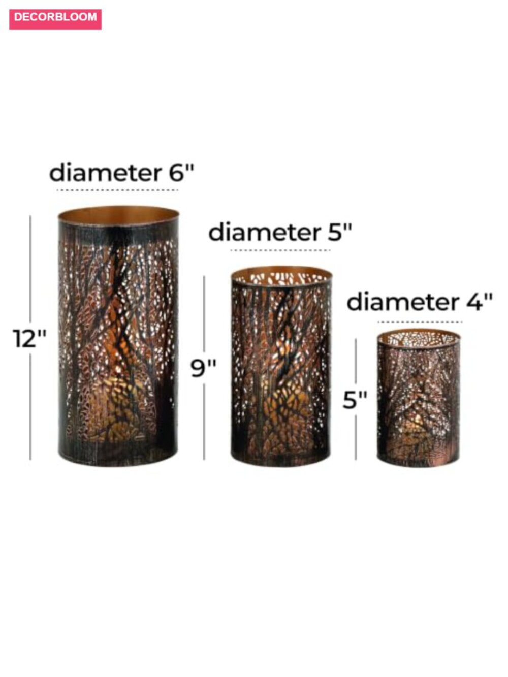 Set 3 Metal Candle Lanterns Tree Cutout Indoor Outdoor Decor - Picture 2 of 6